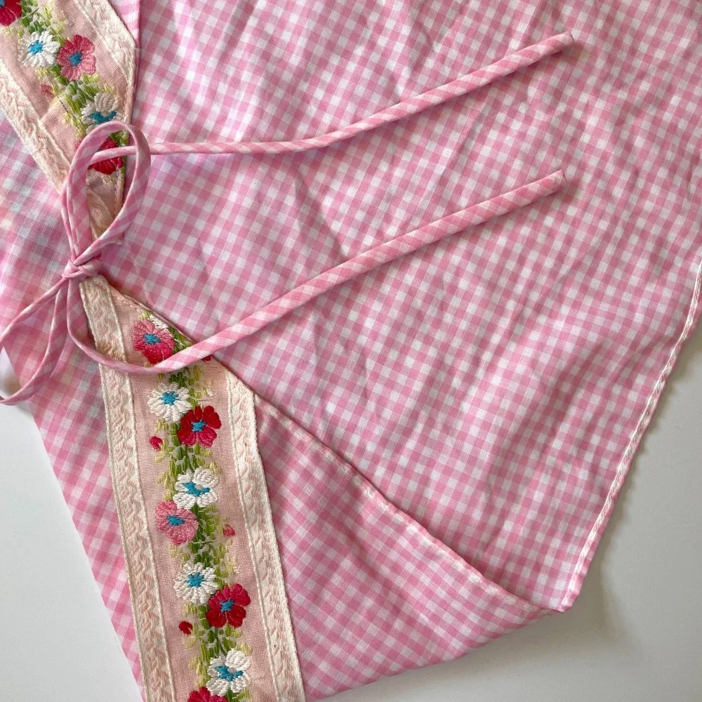 Vintage Pink Gingham Floral Embroidered Tie Back Head Scarf Bandana Folk Cottage